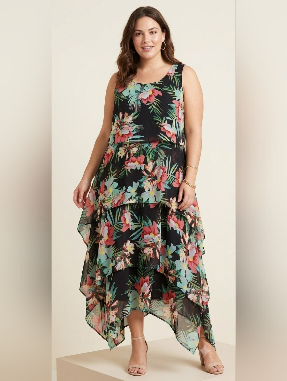 Nu-Look Canadian Boutique Tropical Floral Tiered Handkerchief Maxi Dress 1X 2X